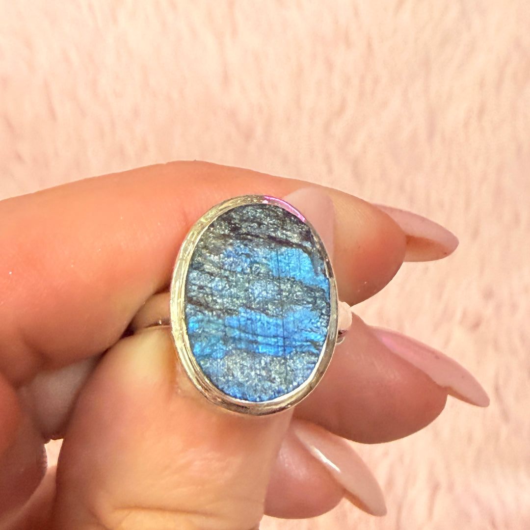 Rough Labradorite Ring - Sterling Silver with Deep Flash