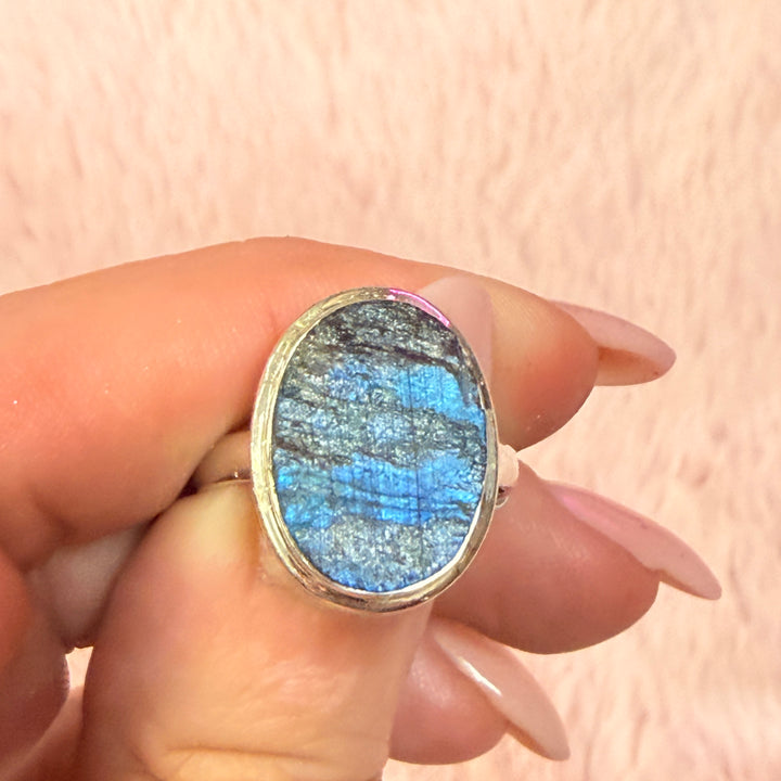 Rough Labradorite Ring - Sterling Silver with Deep Flash