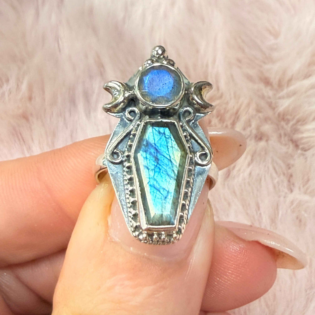 Labradorite Coffin Triple Moon Goddess Ring