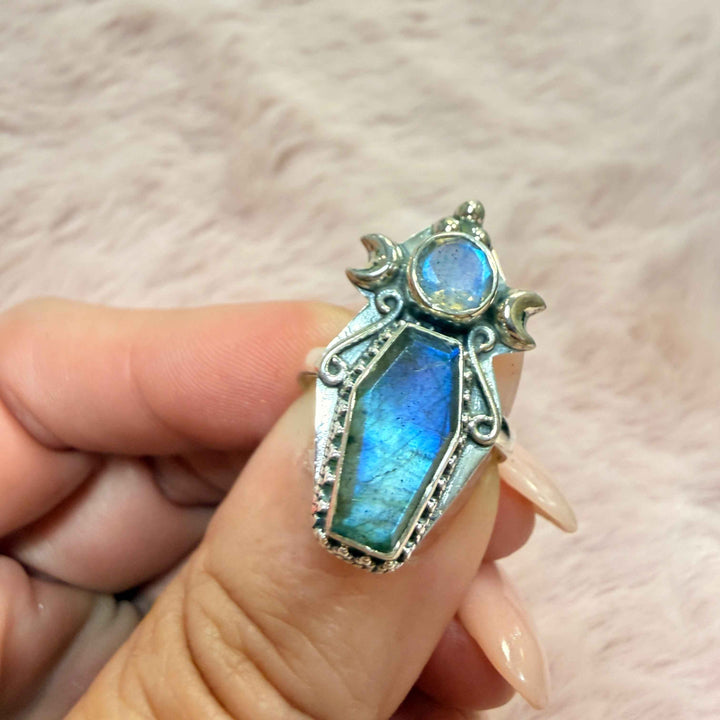 Labradorite Coffin Triple Moon Goddess Ring