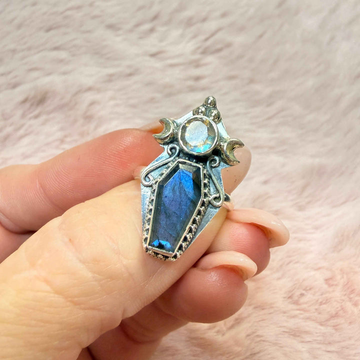 Labradorite Coffin Triple Moon Goddess Ring