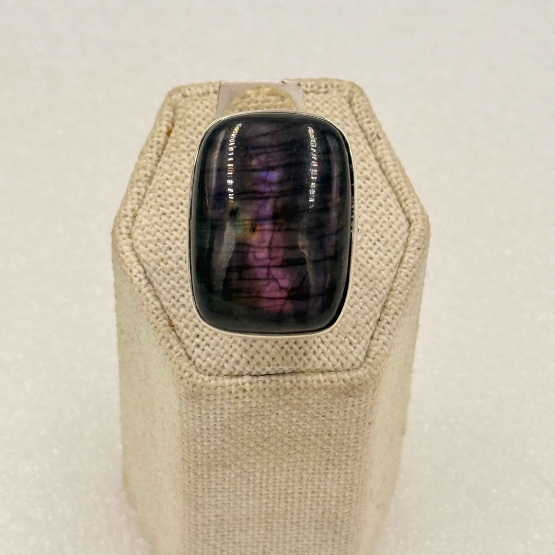 Sterling Silver Spectrolite Cushion Rectangle Statement Ring - Size 10