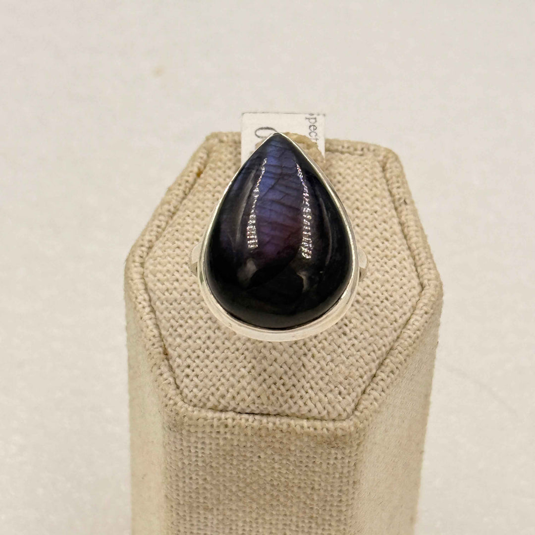 Sterling Silver Spectrolite Pear Solitaire Ring - Size 10