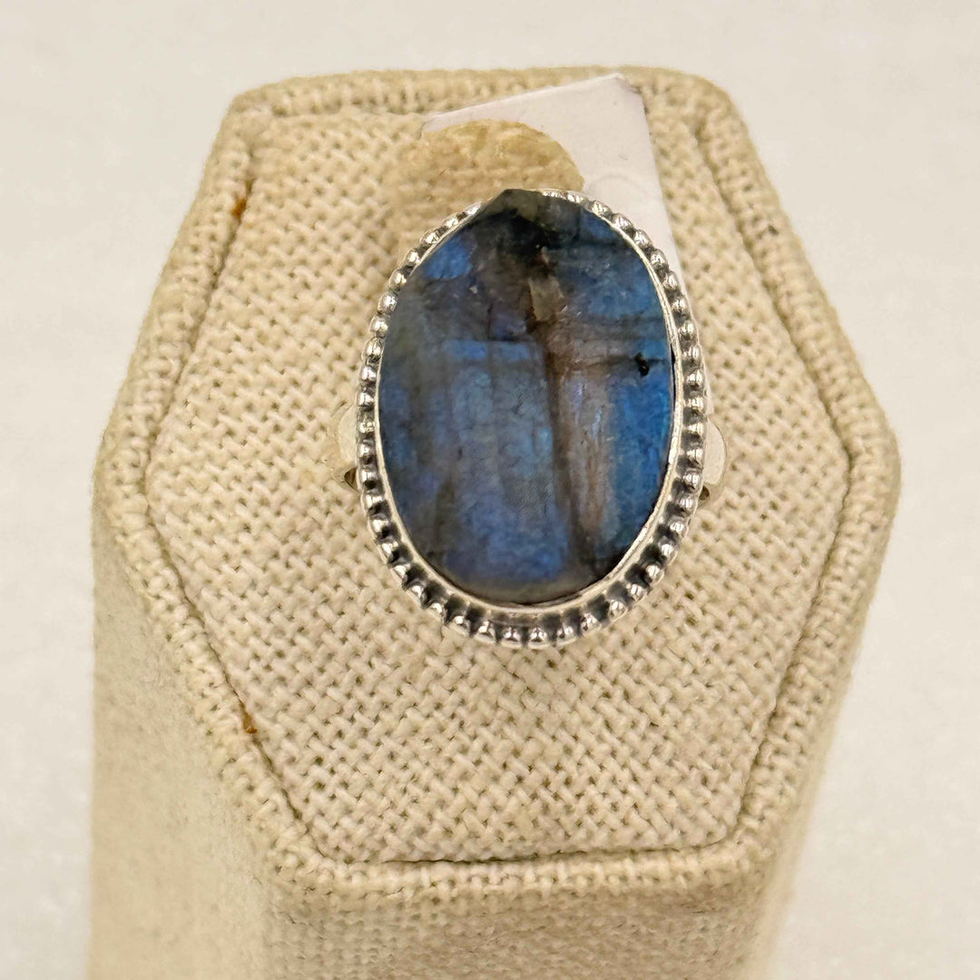 Sterling Silver Labradorite Oval Druzy Halo Ring - Size 7