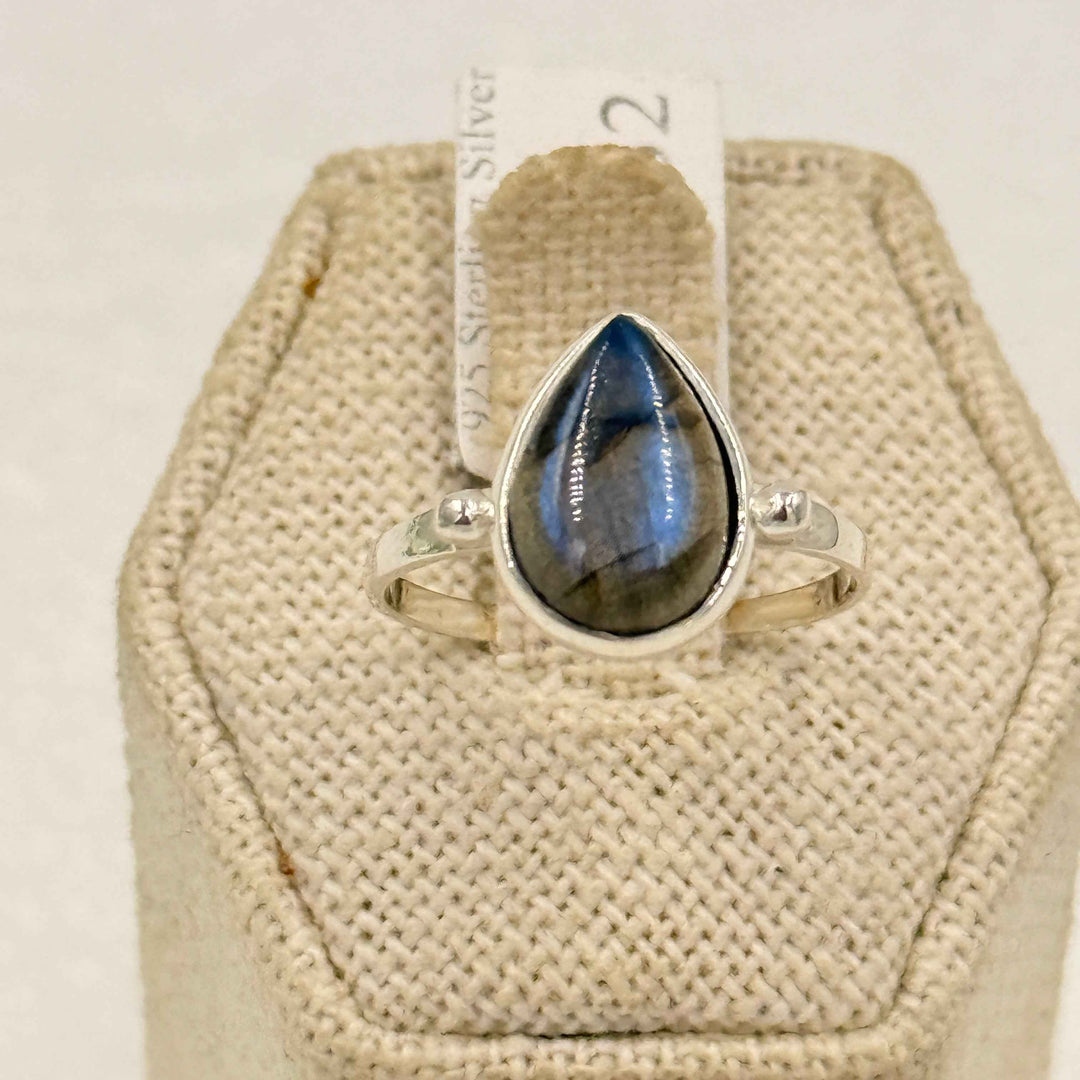 Sterling Silver Labradorite Teardrop Solitaire Ring - Size 8