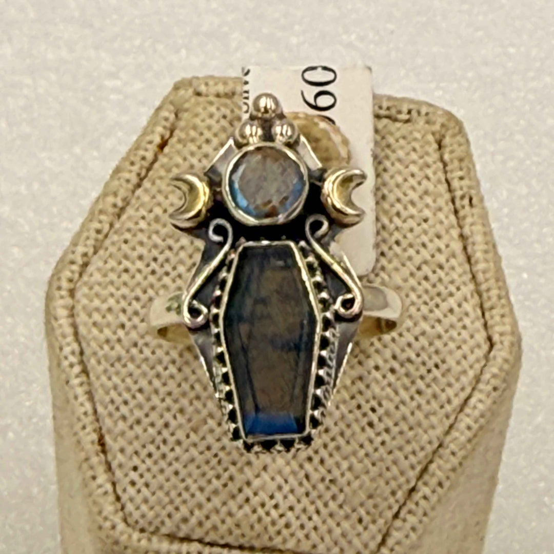 Sterling Silver Labradorite Triple Moon Goddess Statement Ring - Size 9