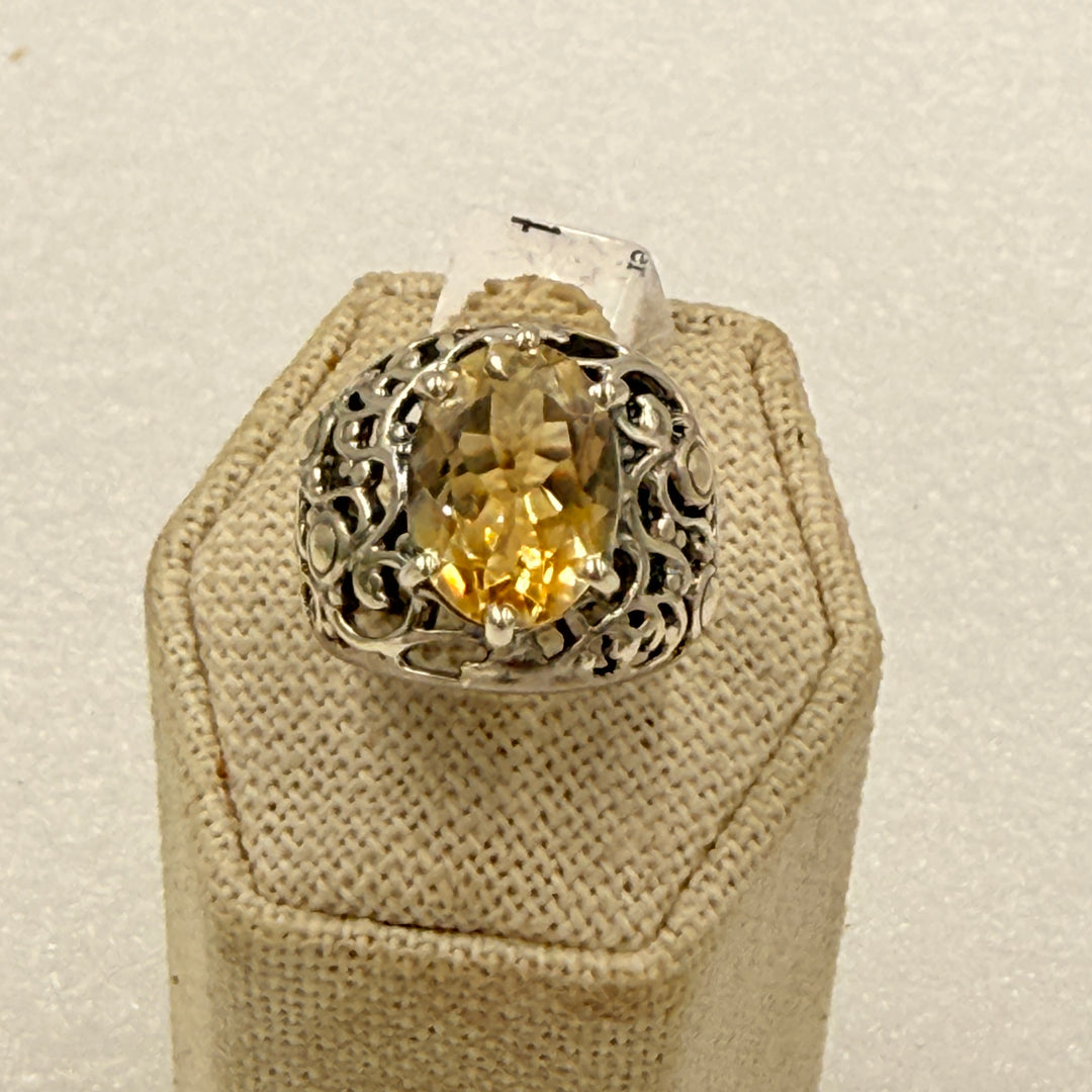 Sterling Silver Night Citrine Ornate Filigree Statement Ring Size 6
