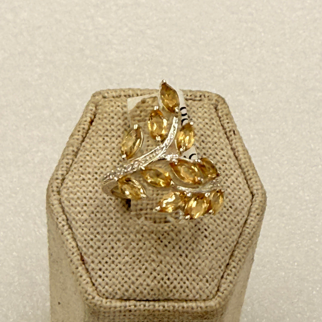 Sterling Silver Citrine Leaf Cluster Statement Ring Size 6