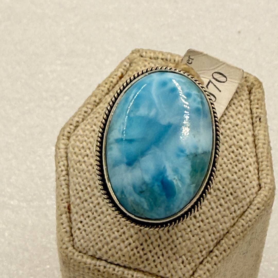 Sterling Silver Larimar Large Oval Rope Bezel Statement Ring - Size 8