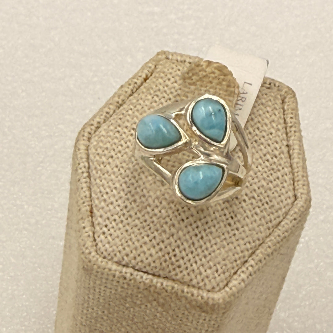Sterling Silver Larimar Three Stone Cluster Ring Size 6