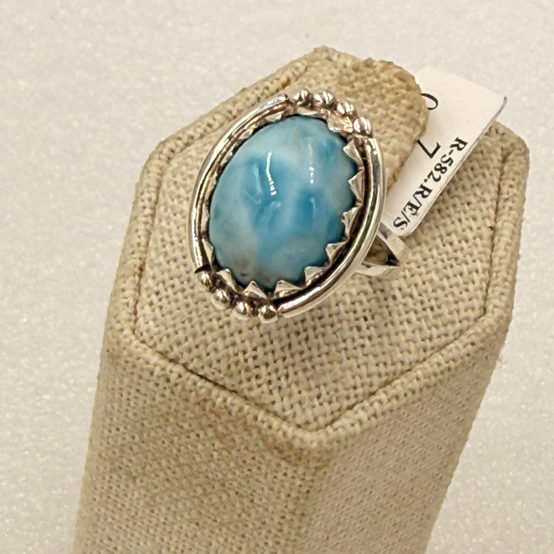 Sterling Silver Larimar Oval Beaded Halo Ring Size 7