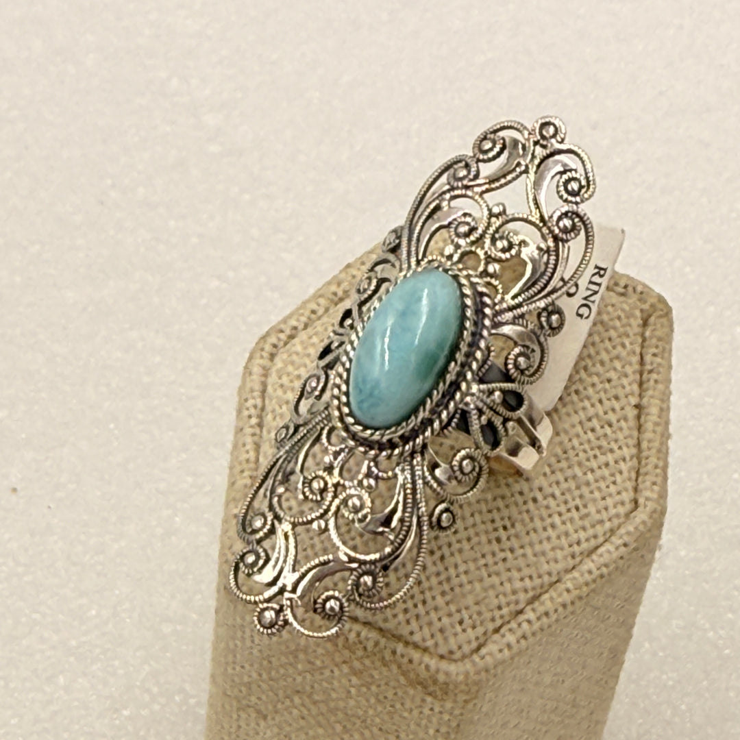 Sterling Silver Larimar Ornate Oval Filigree Statement Ring Size 8