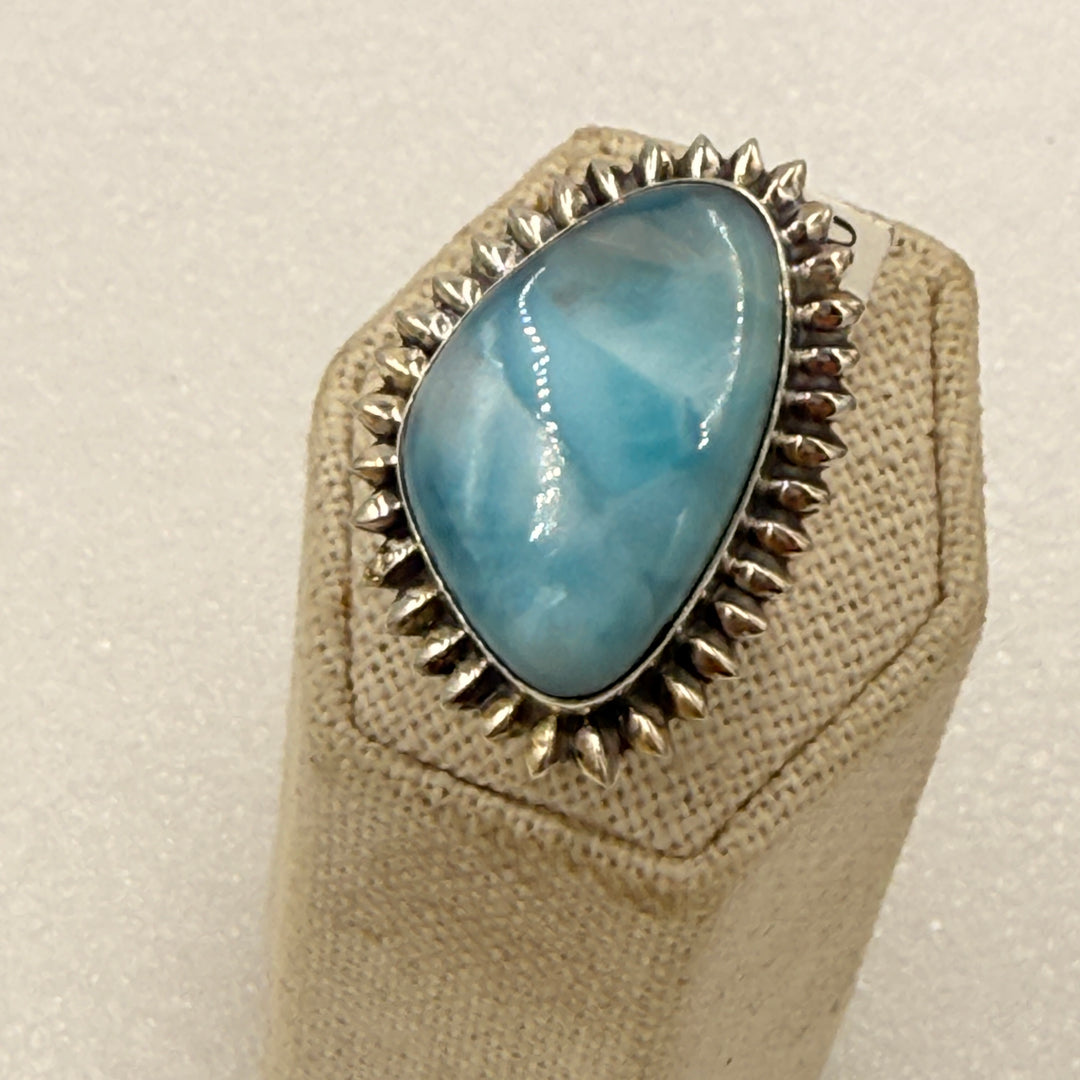 Sterling Silver Larimar Large Pear Sunburst Halo Ring Size 9