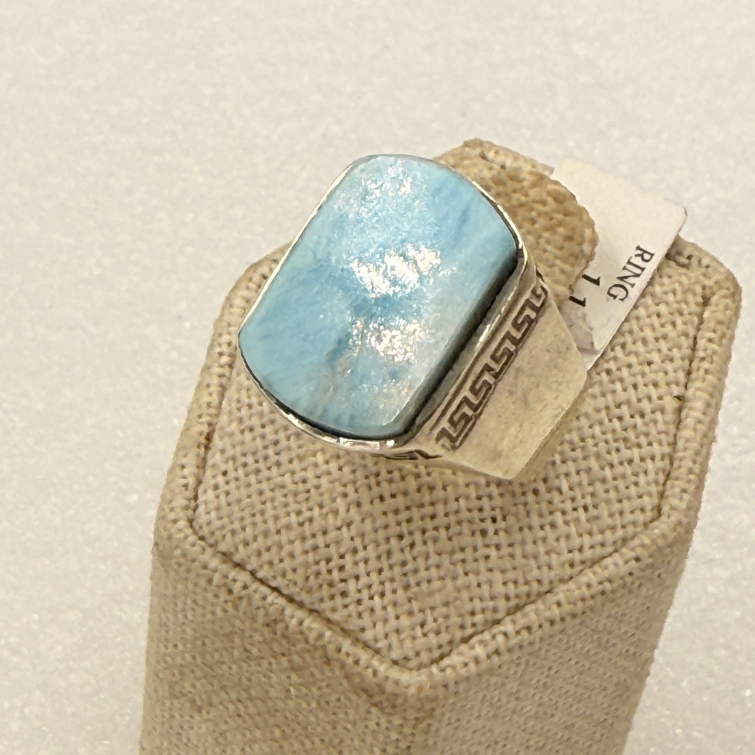 Sterling Silver Larimar Wide Square Greek Key Band Ring Size 11