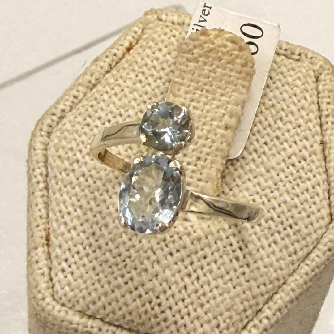 Sterling Silver Aquamarine Two Stone Bypass Ring - Size 8