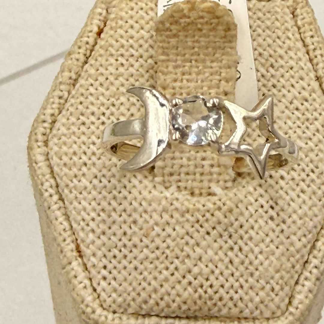 Sterling Silver Aquamarine Moon &amp; Star Ring - Size 9