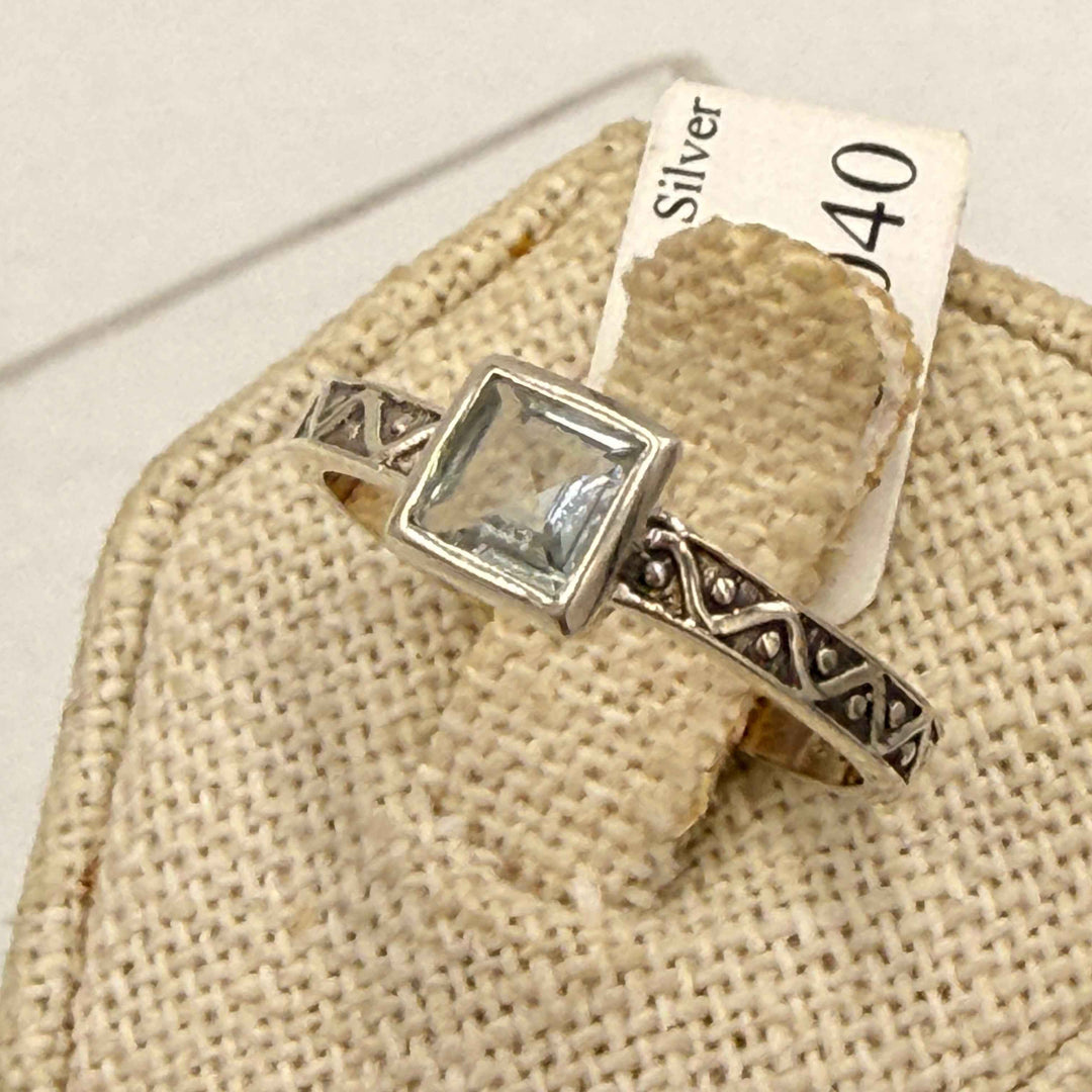 Sterling Silver Aquamarine Square Wave Band Ring - Size 9