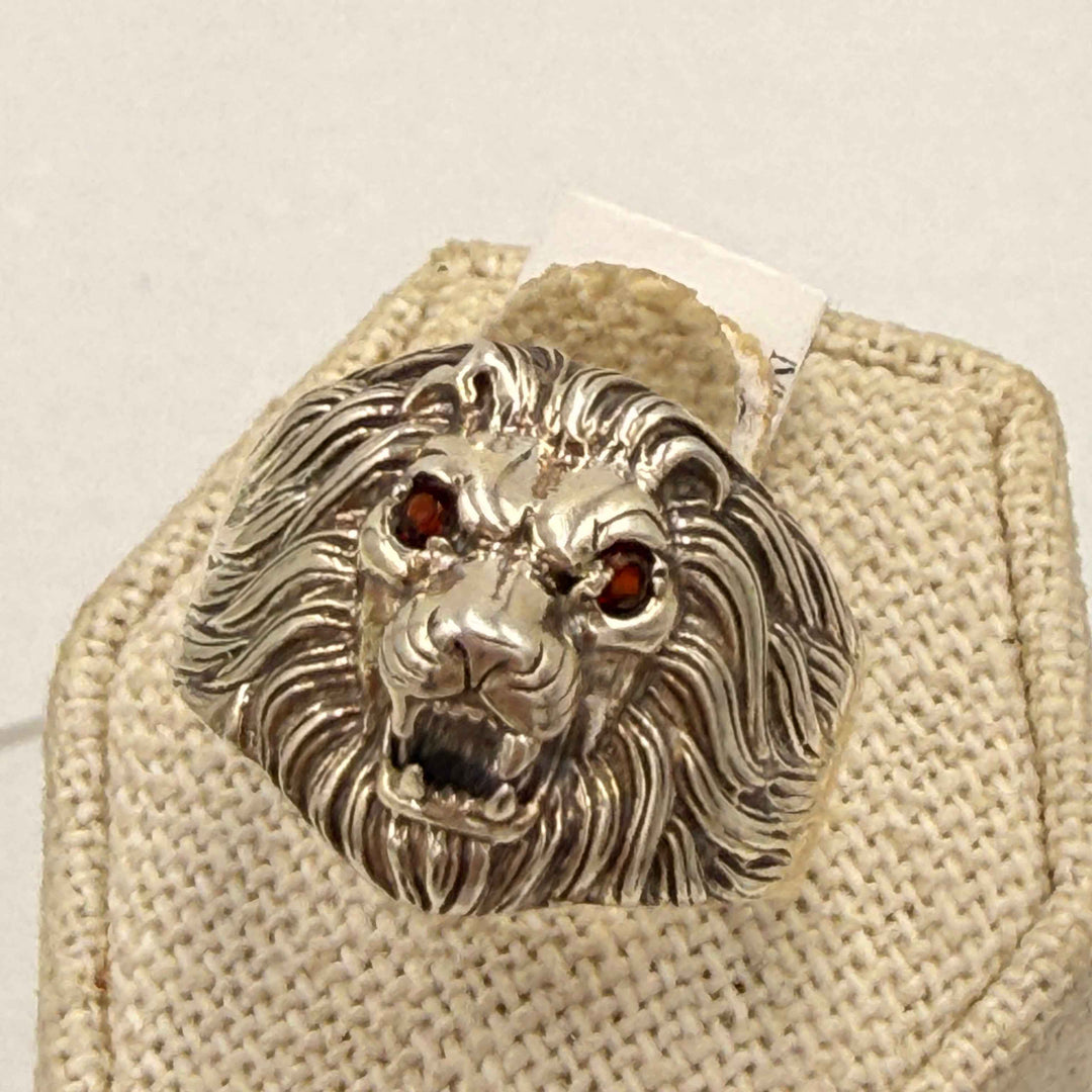 Sterling Silver Garnet Eye Lion Ring size 10 from Sacred Crystals