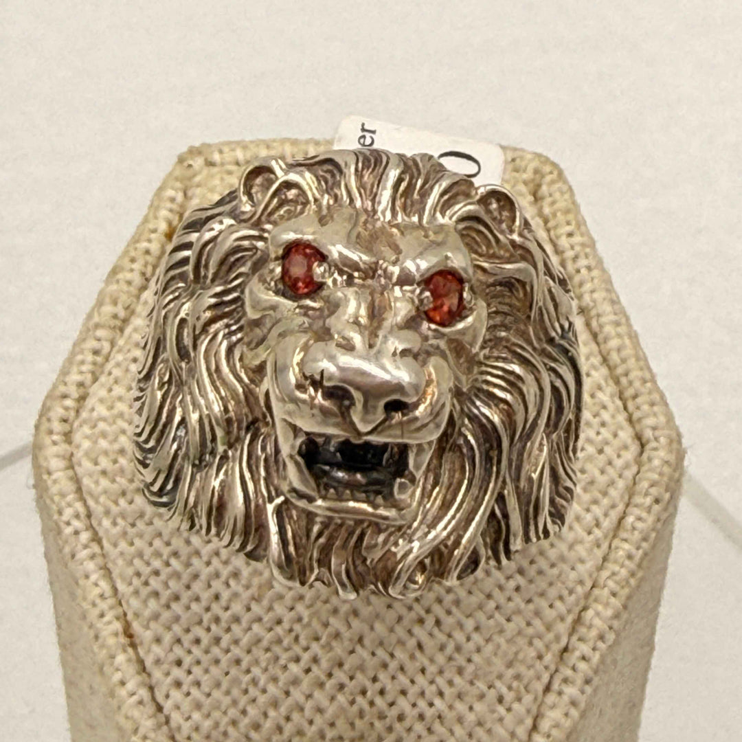 Sterling Silver Garnet Eye Large Lion Ring size 14 from Sacred Crystals