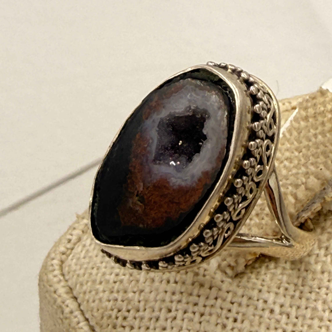 Sterling Silver Mexican Agate Geode Large Oval Ring - Size 6