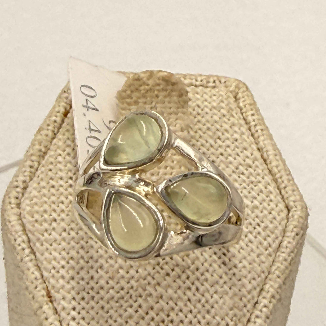 Sterling Silver Prehnite Three Stone Ring - Size 9