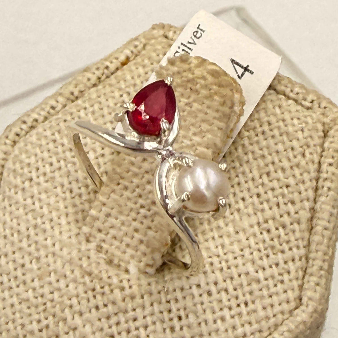 Sterling Silver Ruby &amp; Pearl Friendship Ring - Size 6
