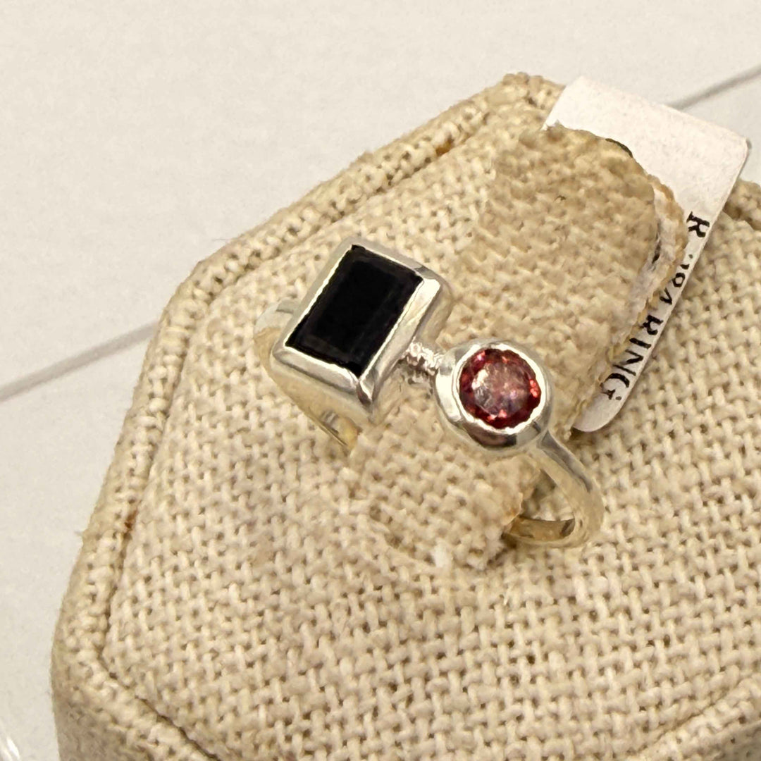 Sterling Silver Garnet &amp; Black Onyx Friendship Ring - Size 6