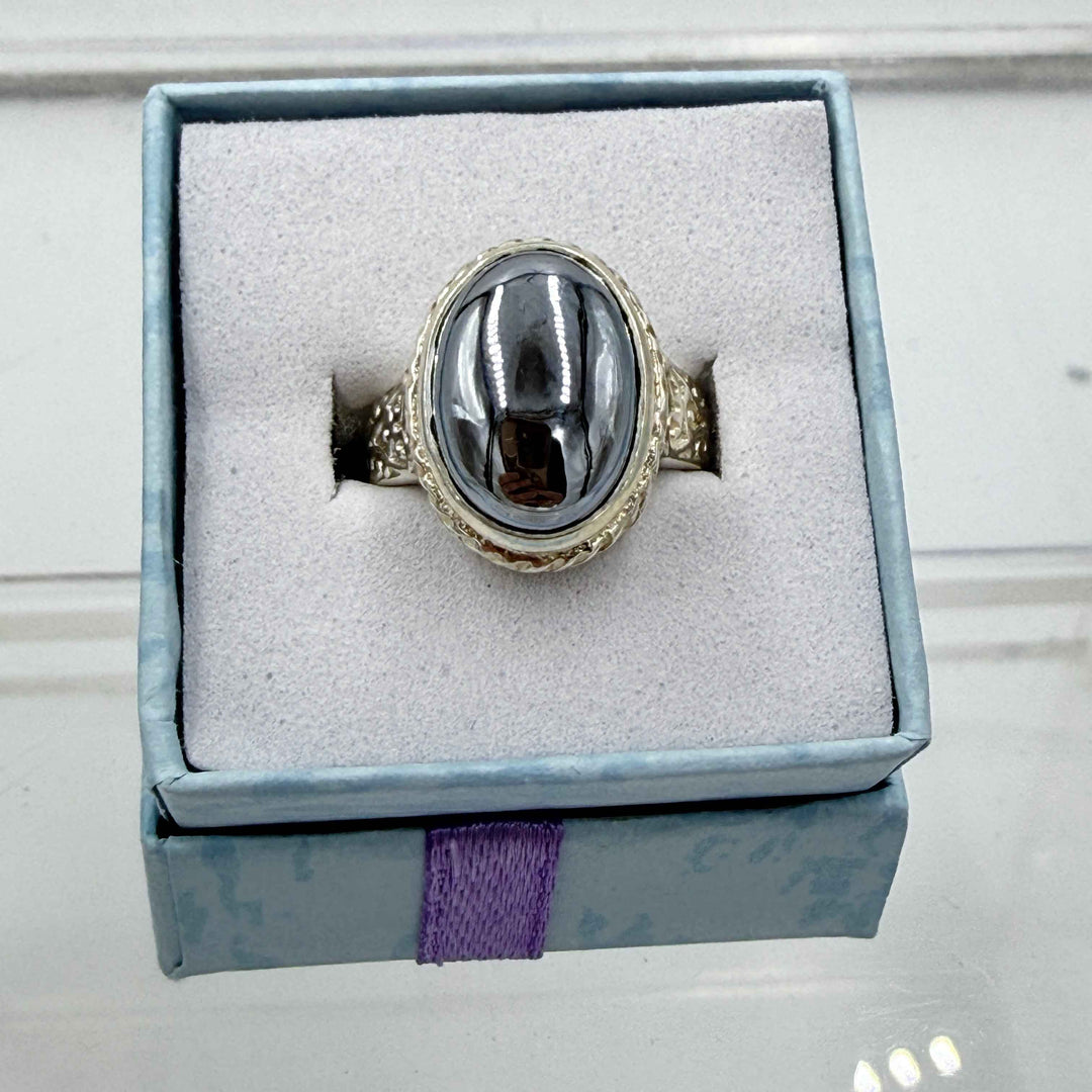 Sterling Silver Ornate Oval Terahertz Ring - Size 6 - Healing, Energizing &amp; Cleansing