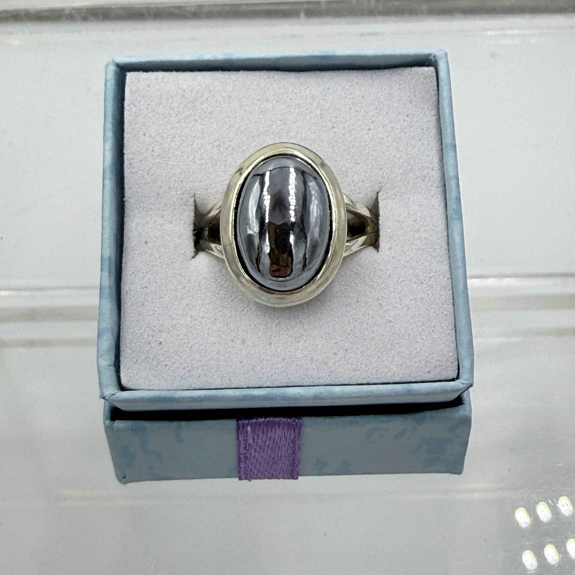 Sterling Silver Split Banded Oval Terahertz Ring - Size 7 - Healing, Energizing & Cleansing