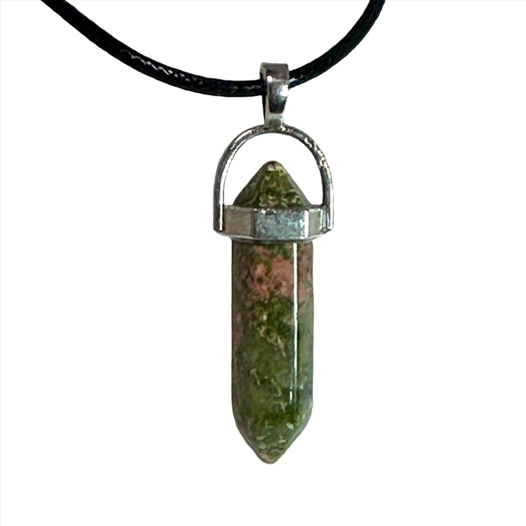 Unakite Bullet Point Necklace with green and pink Unakite pendant on black cord, promoting harmony and emotional well-being.