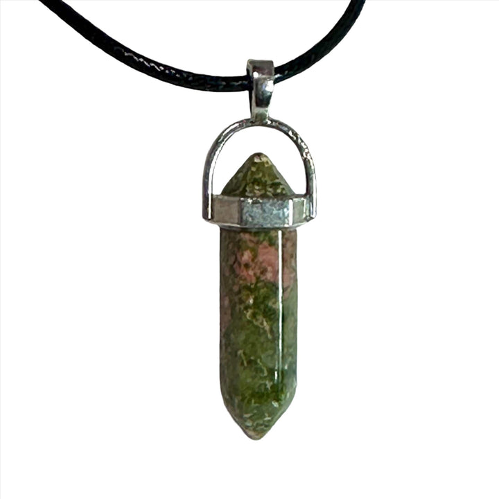 Unakite Bullet Point Necklace with green and pink Unakite pendant on black cord, promoting harmony and emotional well-being.