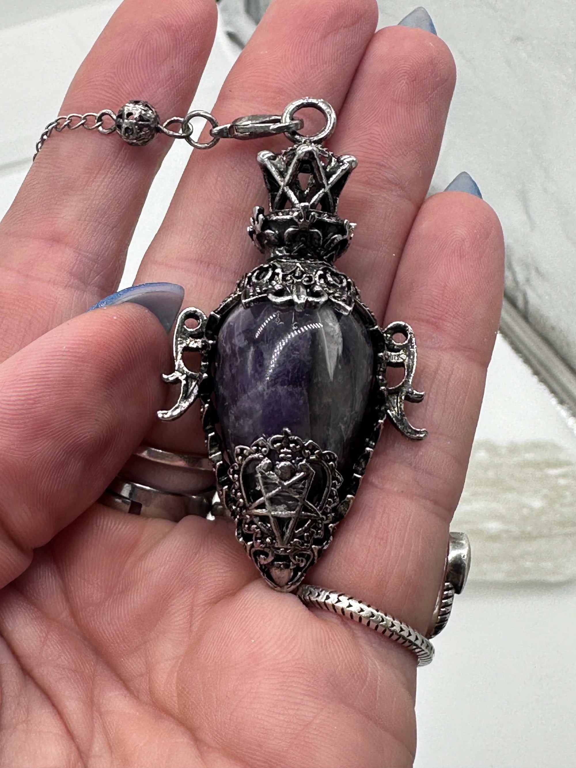 Ornate Amethyst Pendulum with Silver Filigree and Crown