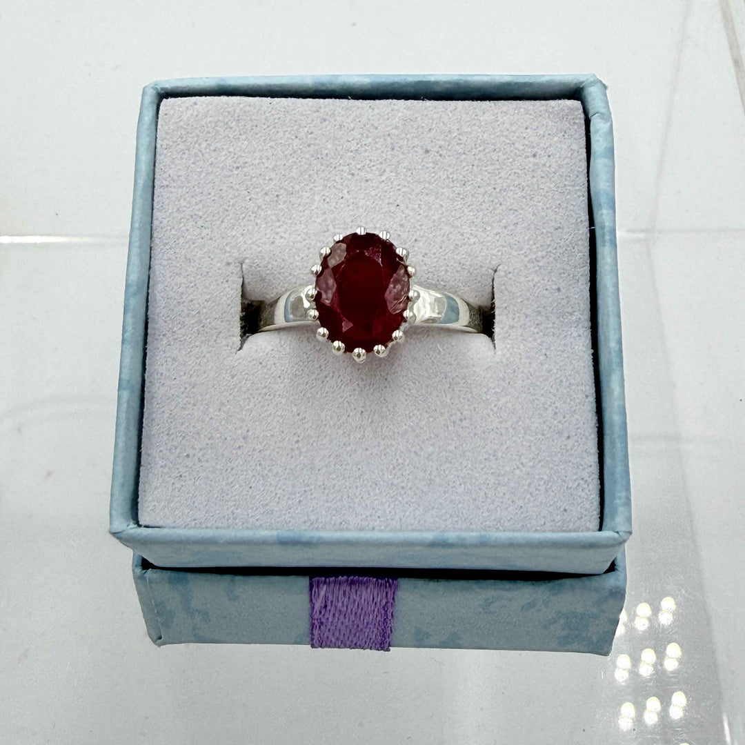 Sterling Silver Crown Faceted Oval Ruby Ring - Size 7 - Passionate, Vital & Empowering