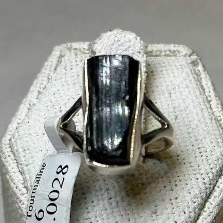 Rough Black Tourmaline Ring Size 9 (05.0028) on display stand.