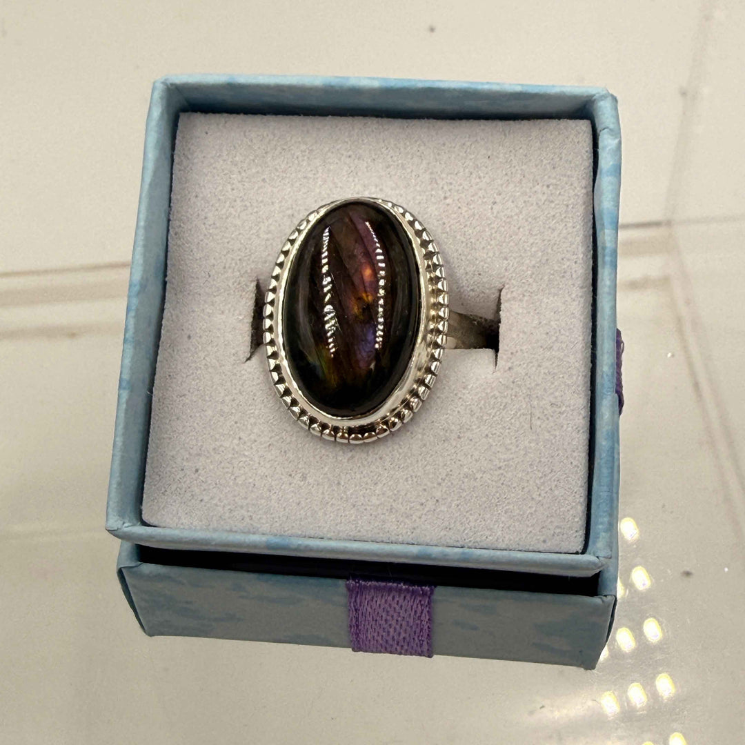Sterling Silver Bezeled Oval Spectrolite Ring - Size 8 -Intuition, Protection & Illumination