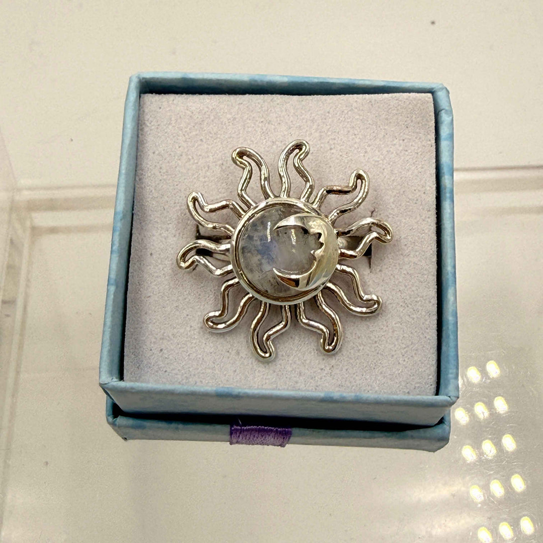 Sterling Silver Sun & Moon Moonstone Ring - Size 6 - Intuitive, Balance & Serenity