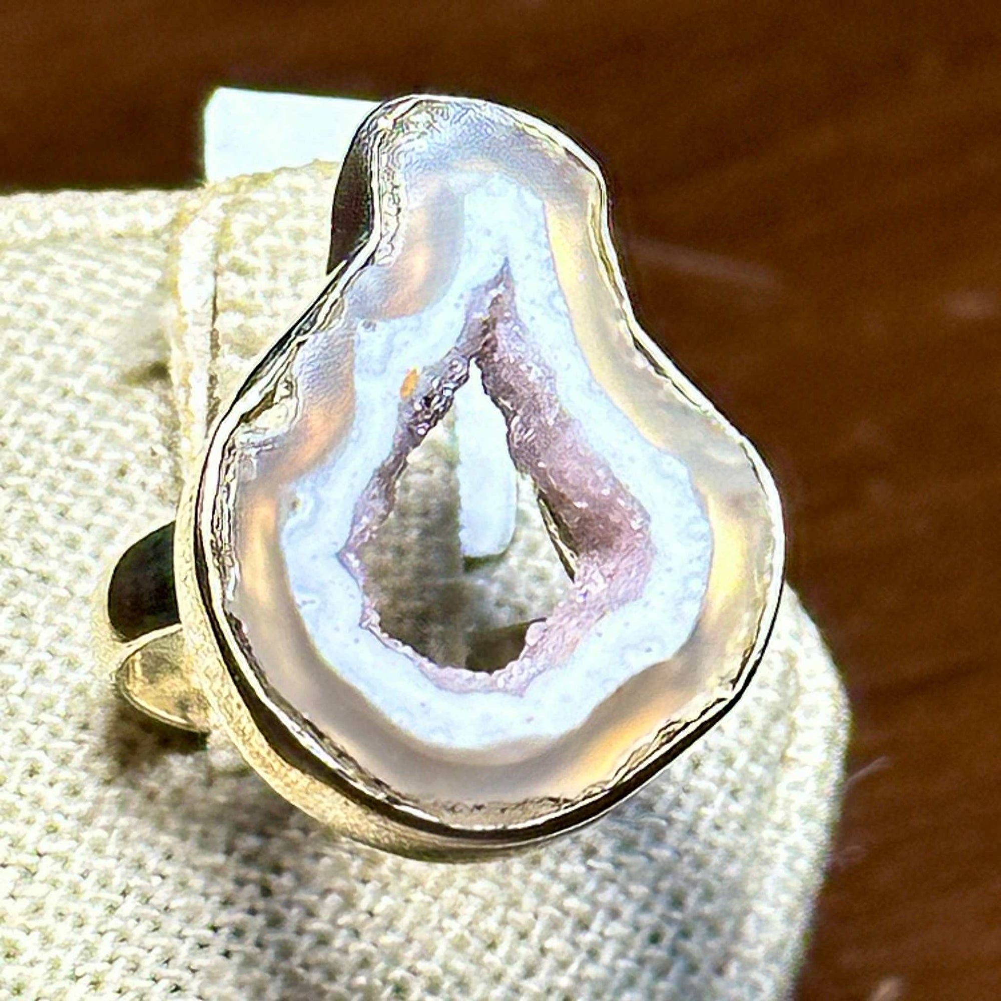Pink Agate Geode Slice Ring – Sterling Silver – Size 8