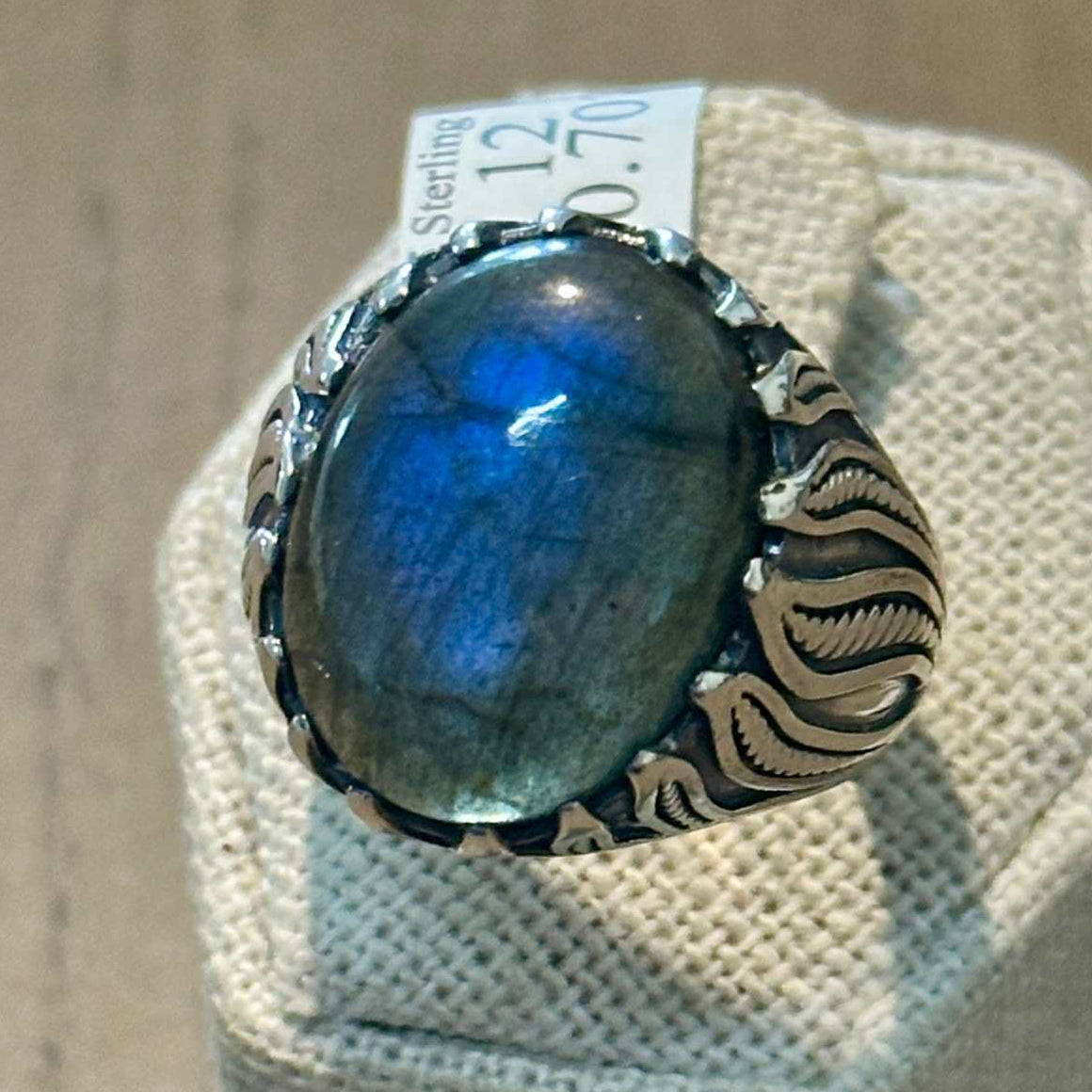 Labradorite Flame-Carved Oval Statement Ring – Sterling Silver – Size 12 & 14