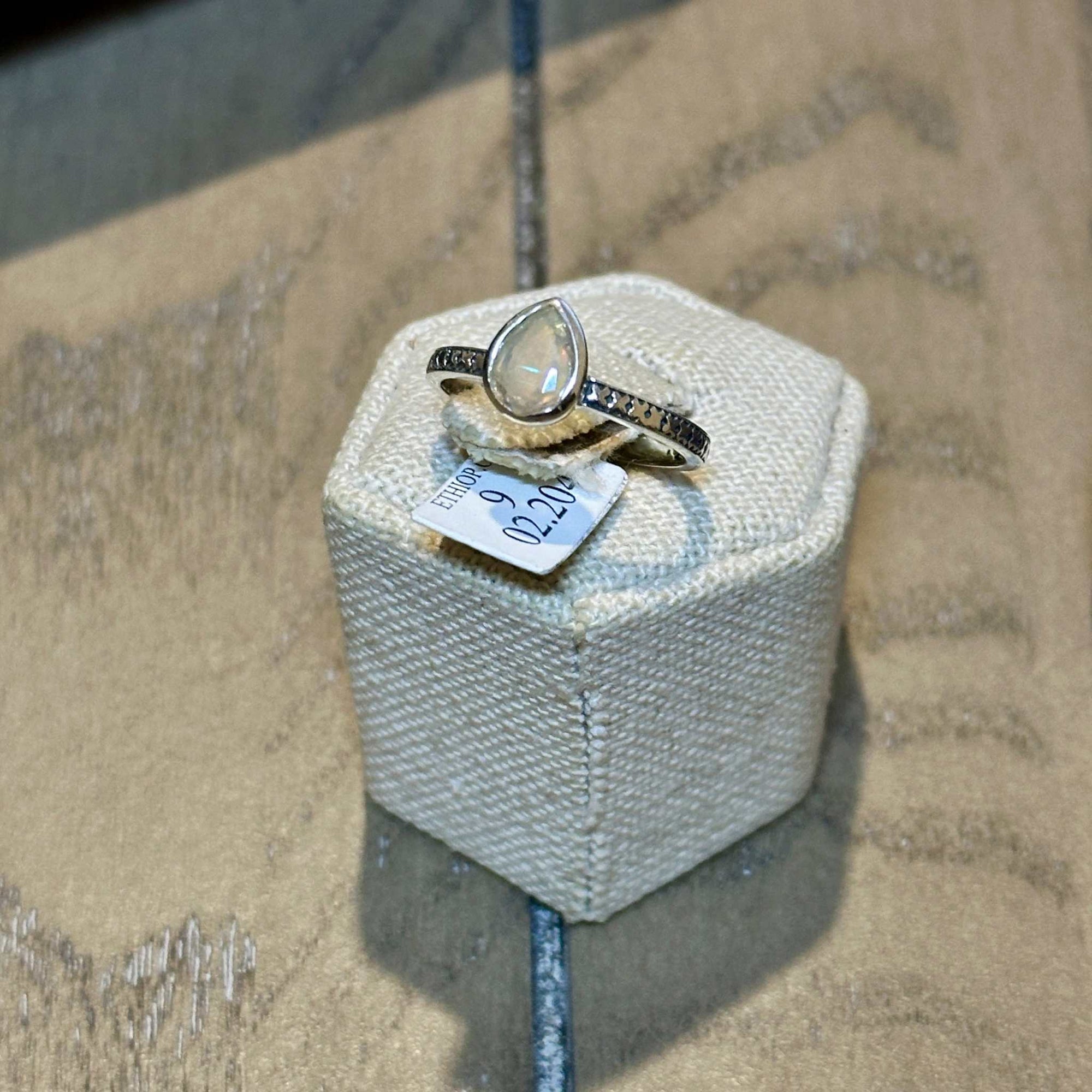 Ethiopian Opal Pear Bezel Textured-Band Ring – Sterling Silver – Size 9