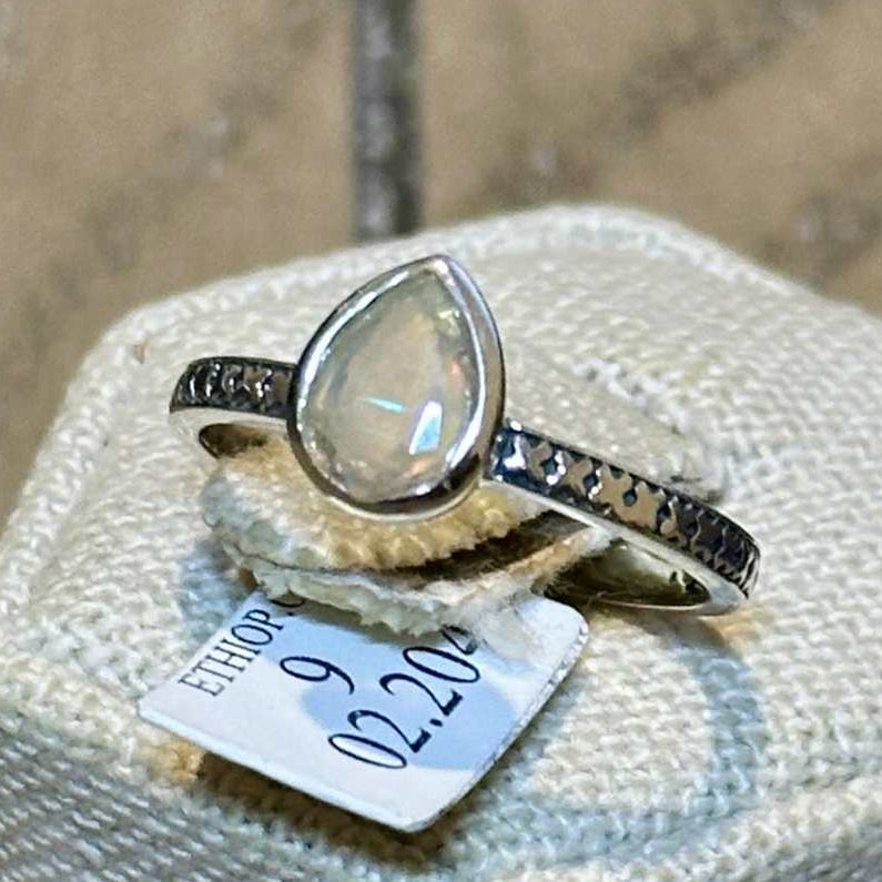 Ethiopian Opal Pear Bezel Textured-Band Ring – Sterling Silver – Size 9