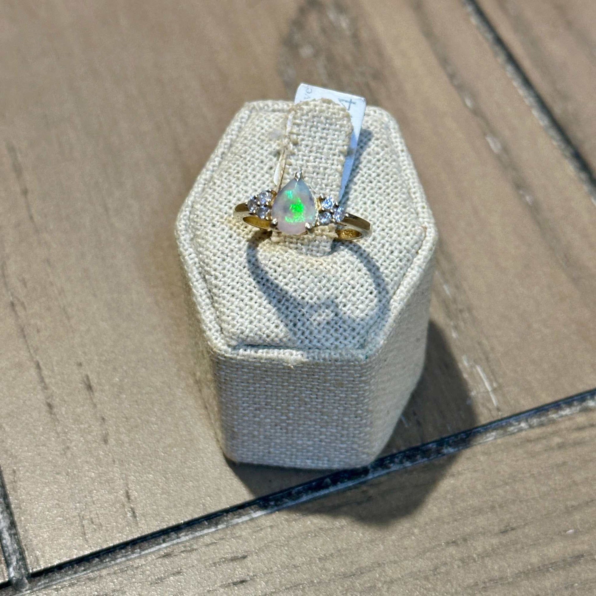 Ethiopian Opal Pear Tri-Accent Ring – Gold Filled – Size 7