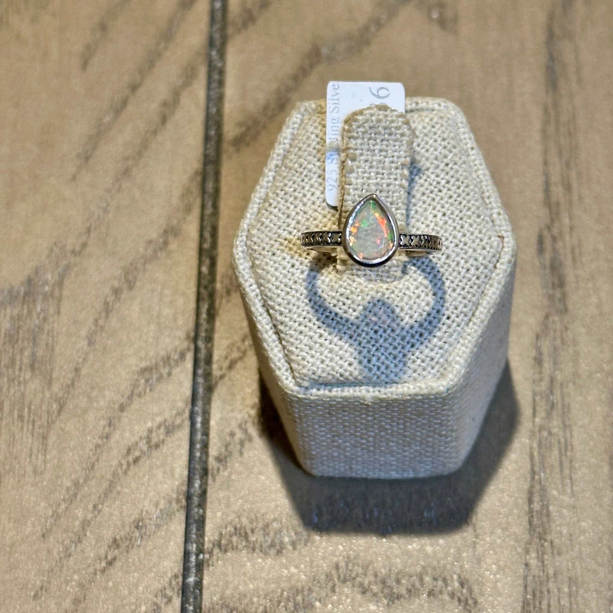 Ethiopian Opal Pear Bezel Etched-Band Ring – Sterling Silver – Size 6