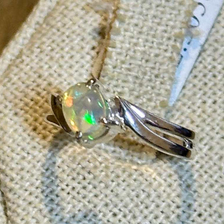 Ethiopian Opal Oval Leaf-Accent Ring – Sterling Silver – Size 6–7