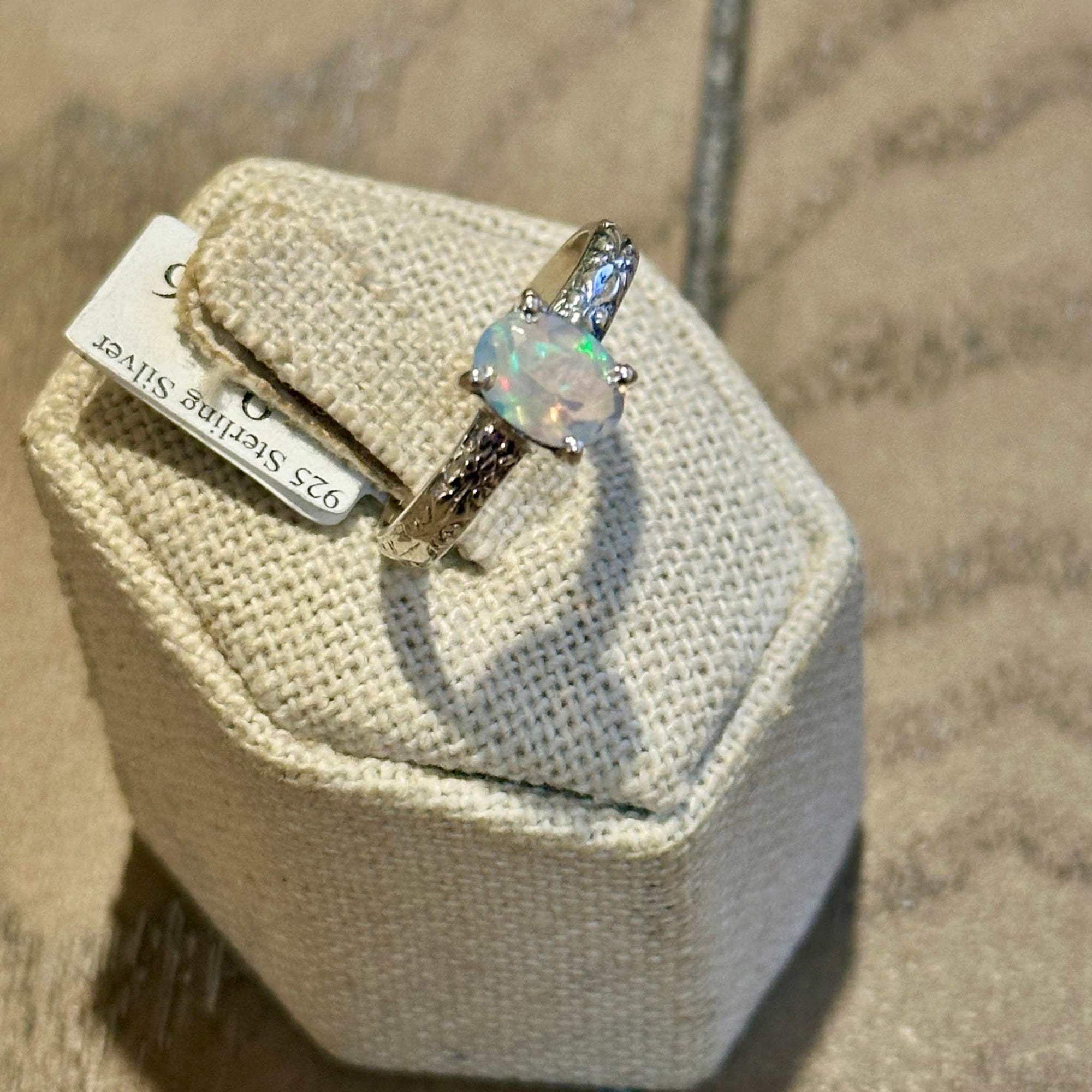 Ethiopian Opal Oval Etched-Band Ring – Sterling Silver – Size 9