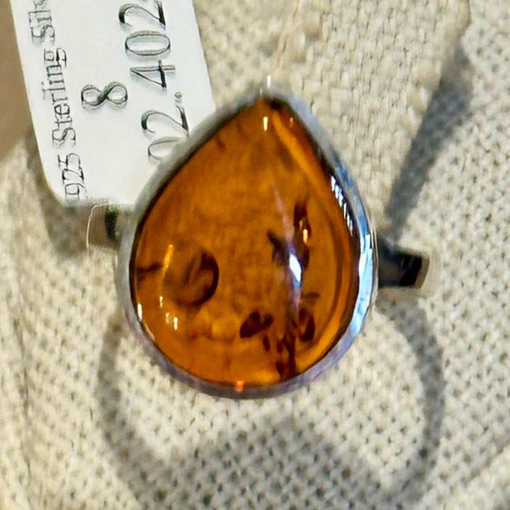 Natural Amber Teardrop Ring – Sterling Silver – Sizes 6, 7, 8, 9