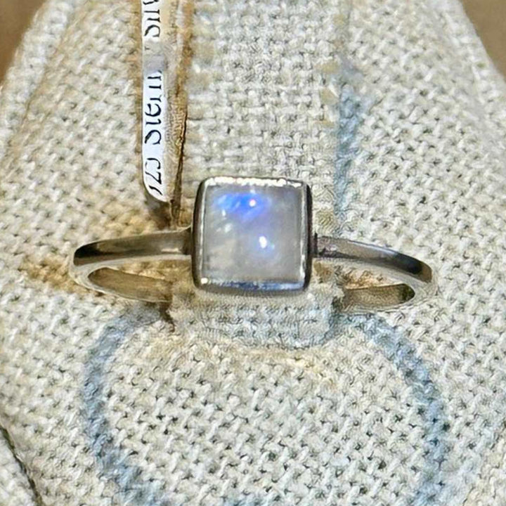 Rainbow Moonstone Square-Bezel Ring – Sterling Silver – Size 8 &amp; 9