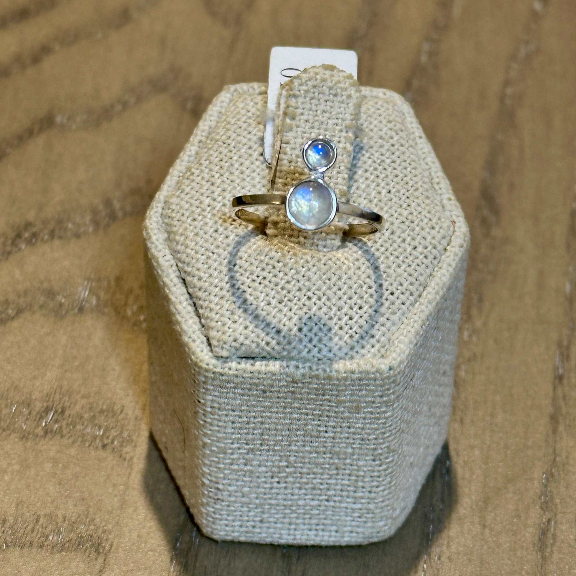 Rainbow Moonstone Double-Circle Ring – Sterling Silver – Size 7