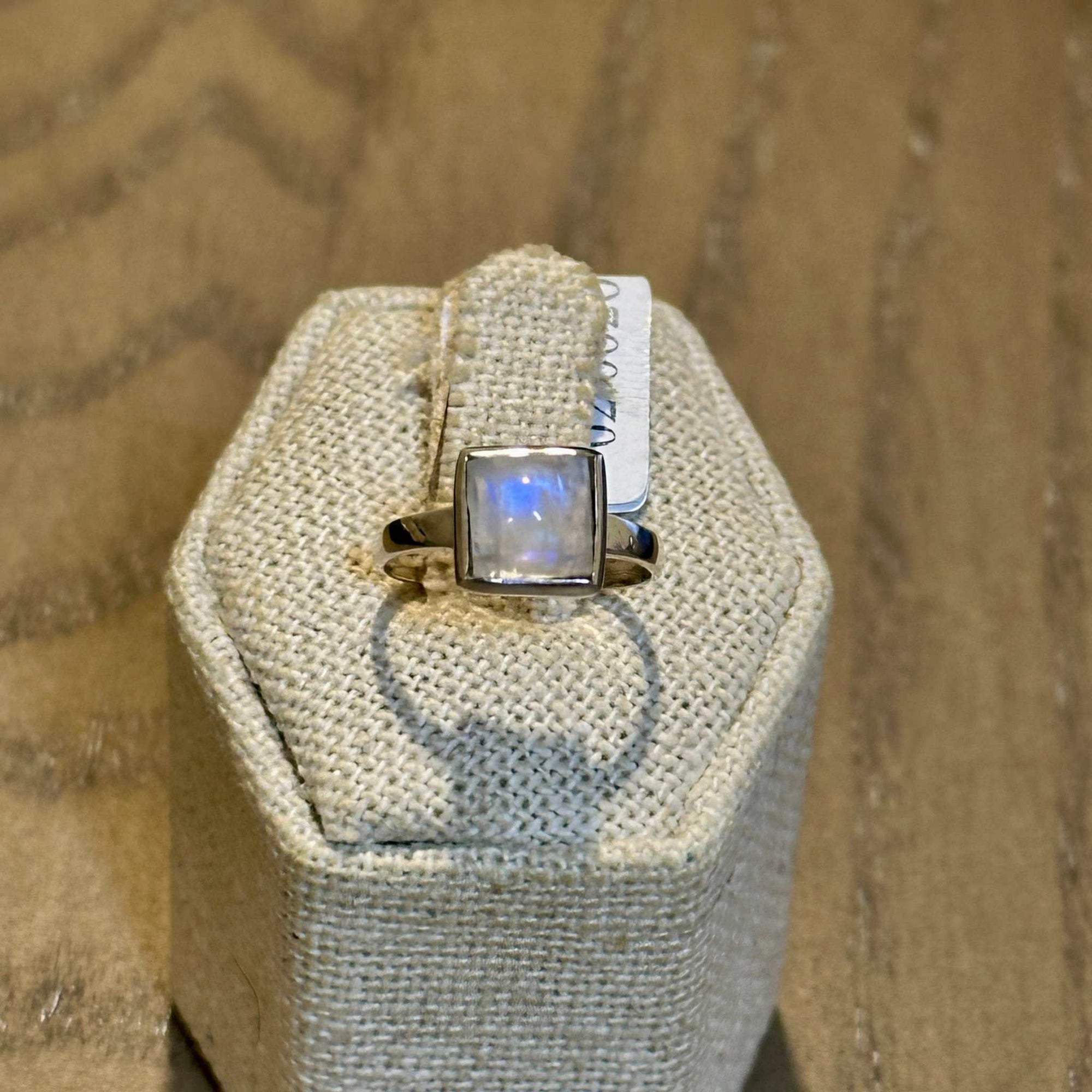Rainbow Moonstone Raised-Square Ring – Sterling Silver – Size 5