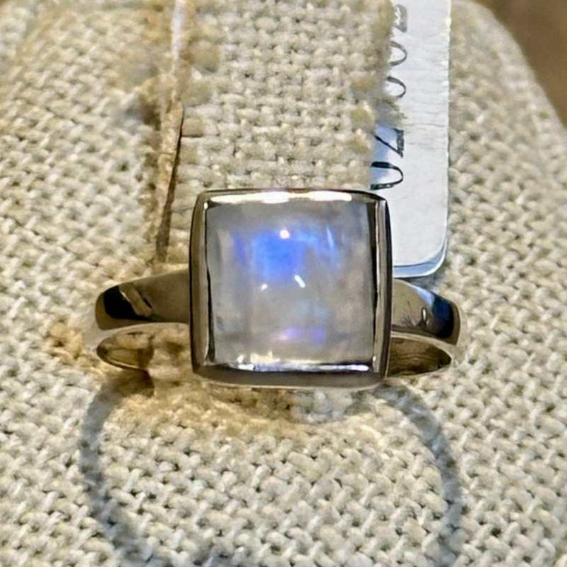 Rainbow Moonstone Raised-Square Ring – Sterling Silver – Size 5