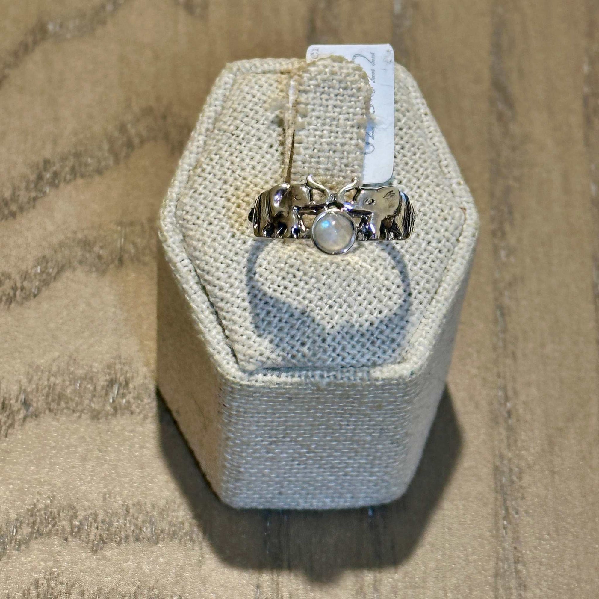 Rainbow Moonstone Elephant-Embrace Ring – Sterling Silver – Size 8
